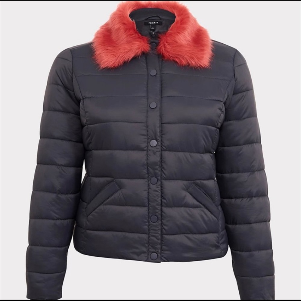 Torrid 2X (18-20) Coat Puffer Jacket Gray Coral Removable Faux Fur Collar Plus